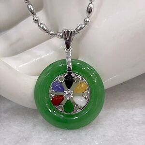 Burmese Multi Jade Zircon Sterling Silver Wheel Pendant  Necklace